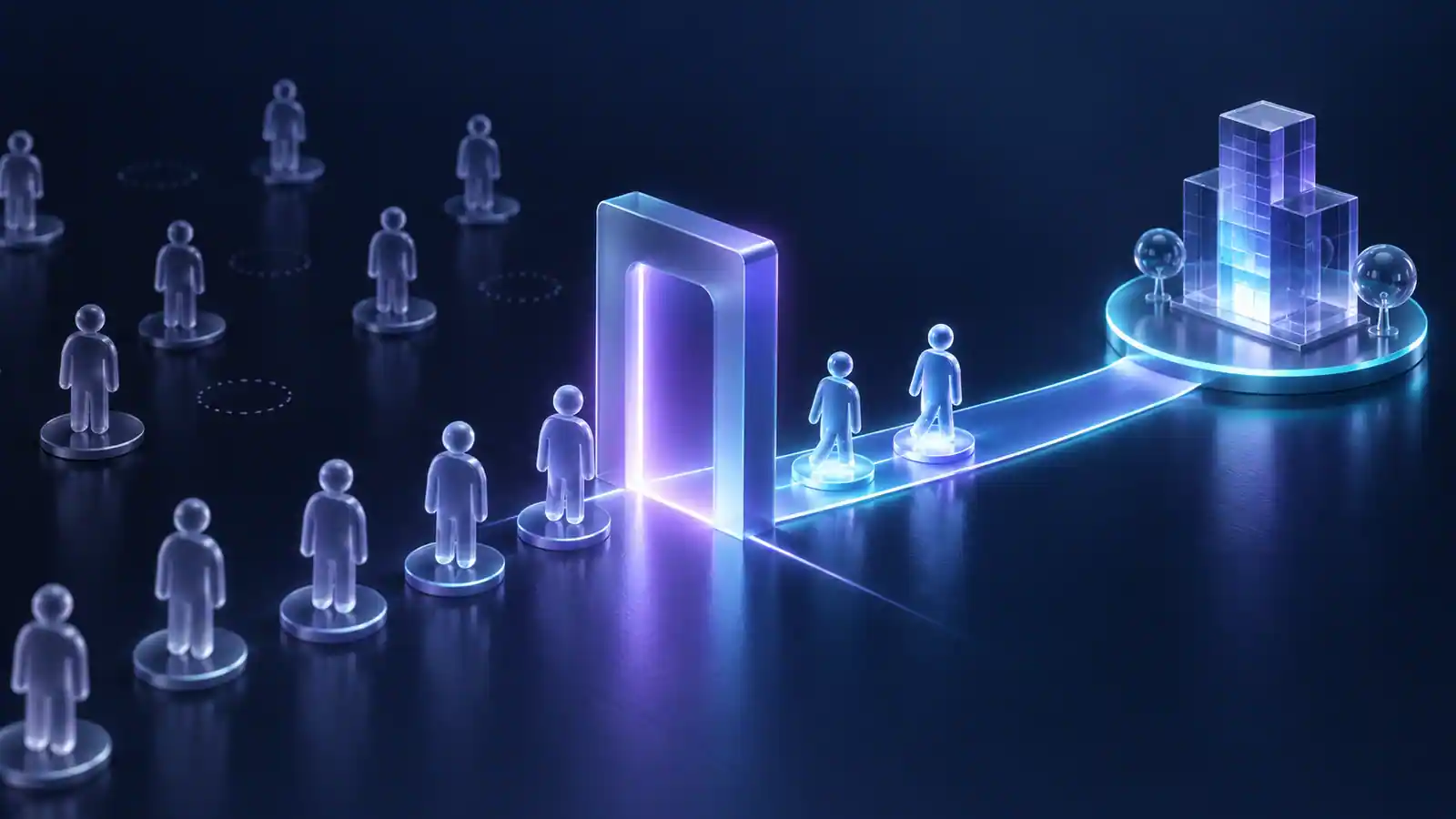 Selected partners moving through a gateway toward a first commercial opportunity